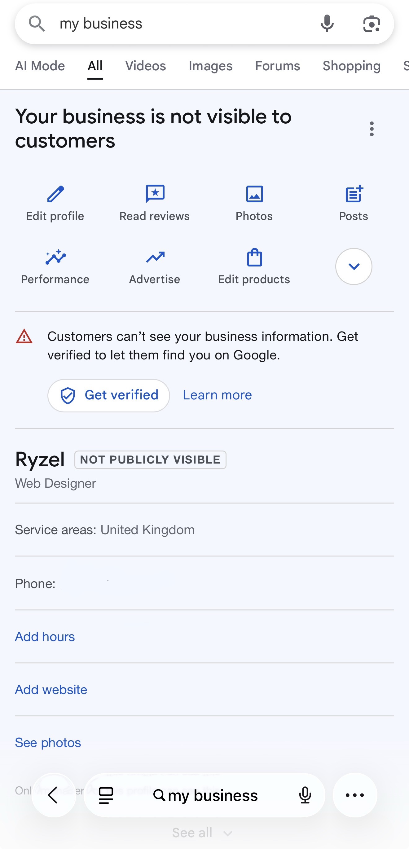 Google Business Profile before optimisation